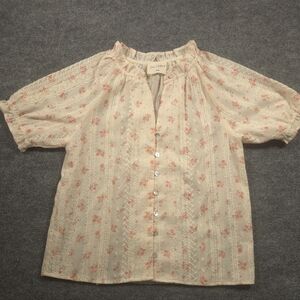 Easy Clothes floral embroidered ruffle short sleeve button up blouse shabby chic